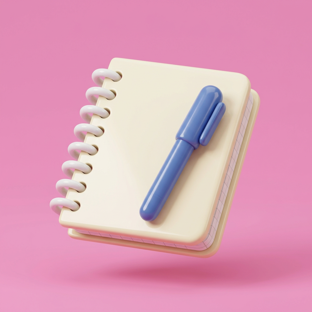 Generated 3D picture of a spiral notebook and pen