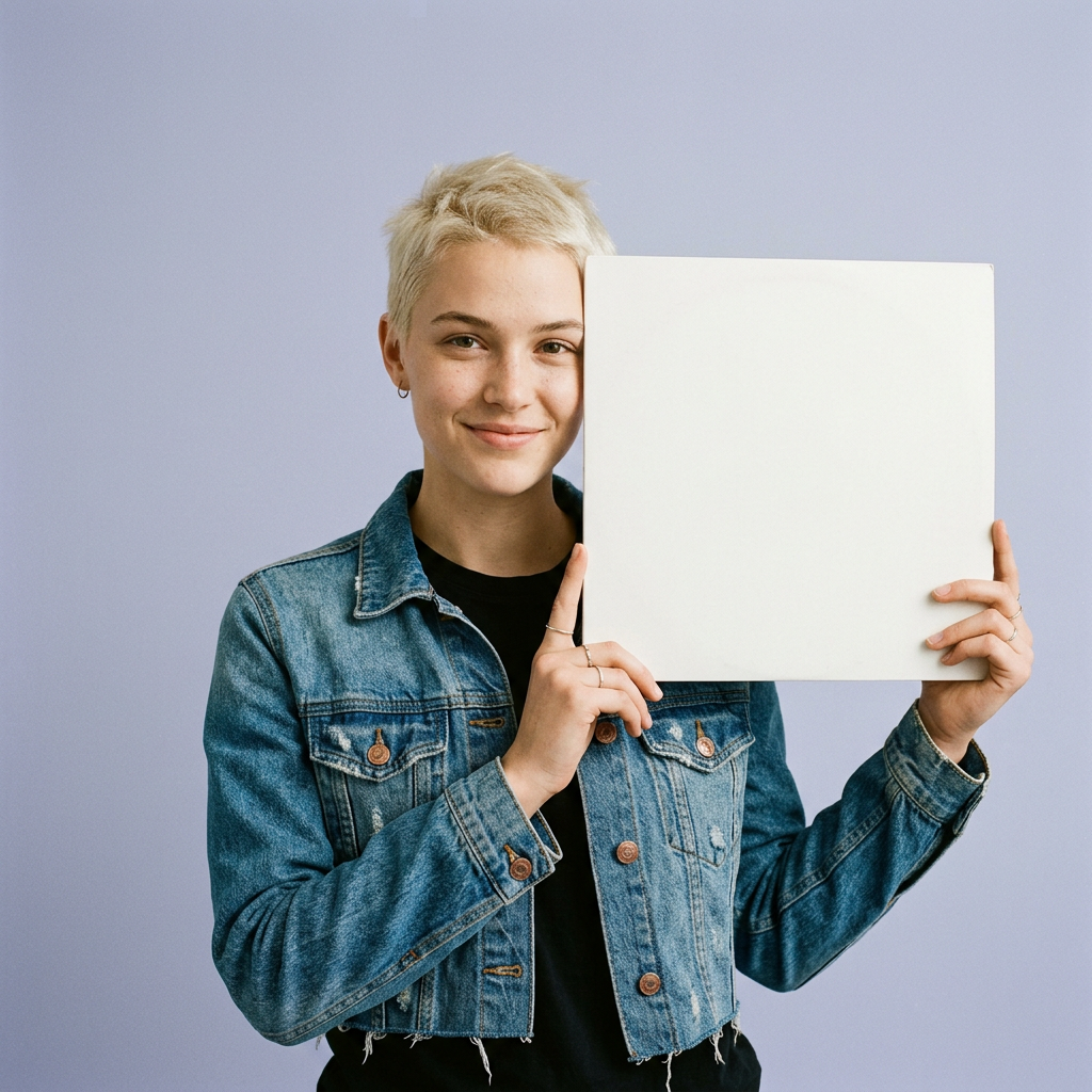 Generated picture of a person holding up a blank record sleeve