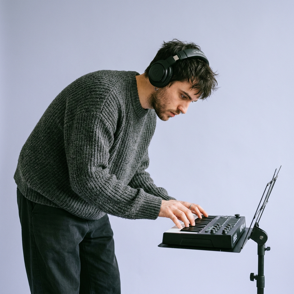 Generated picture of a young man in headphones playing a small keyboard