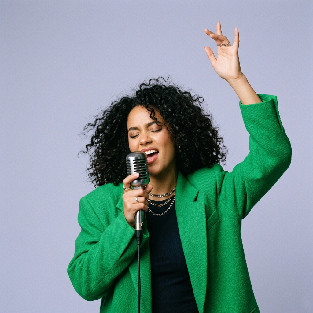 Generated picture of a woman singing into a vintage microphone
