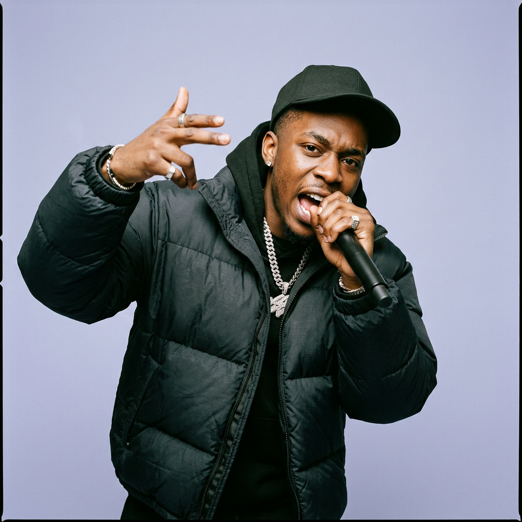 Generated picture of a rapper mid-verse with a microphone