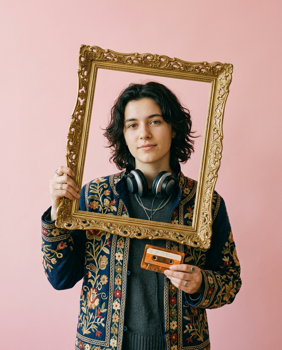 Generated picture of a young artist holding an empty gold frame and a cassette